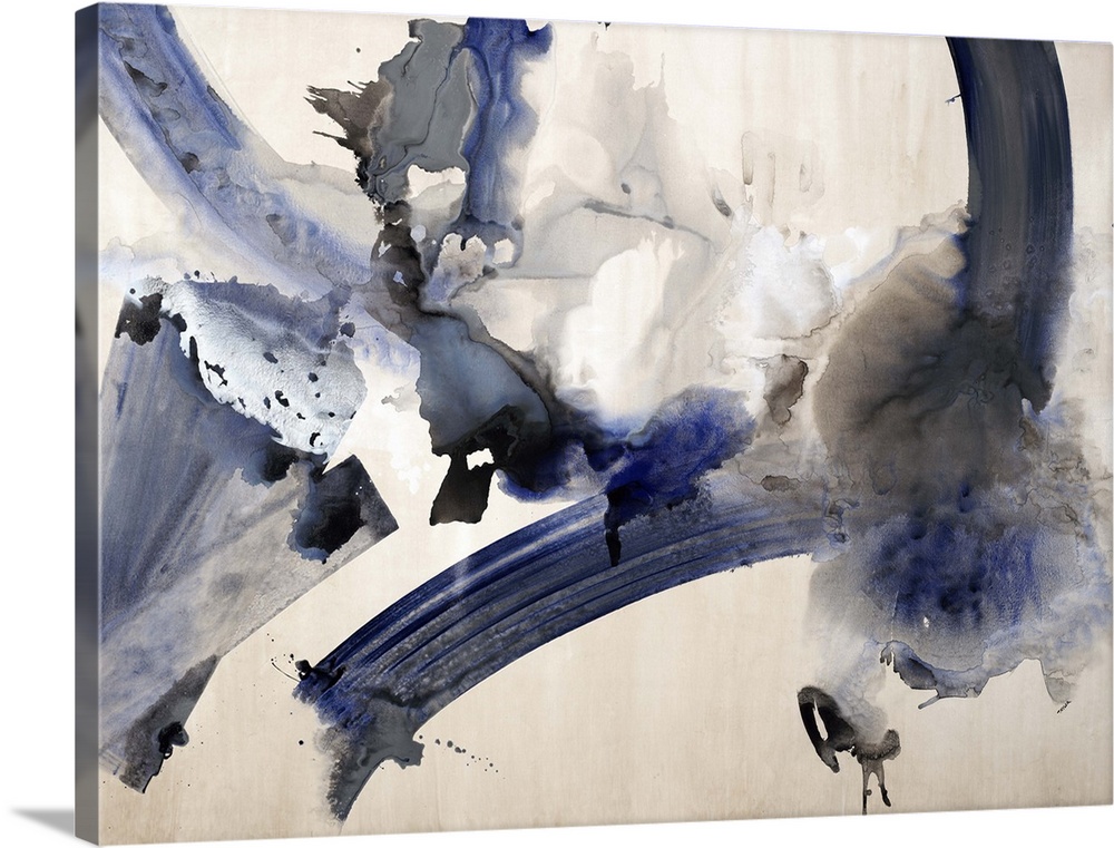 Abstract watercolor painting with dark blue and black hues.
