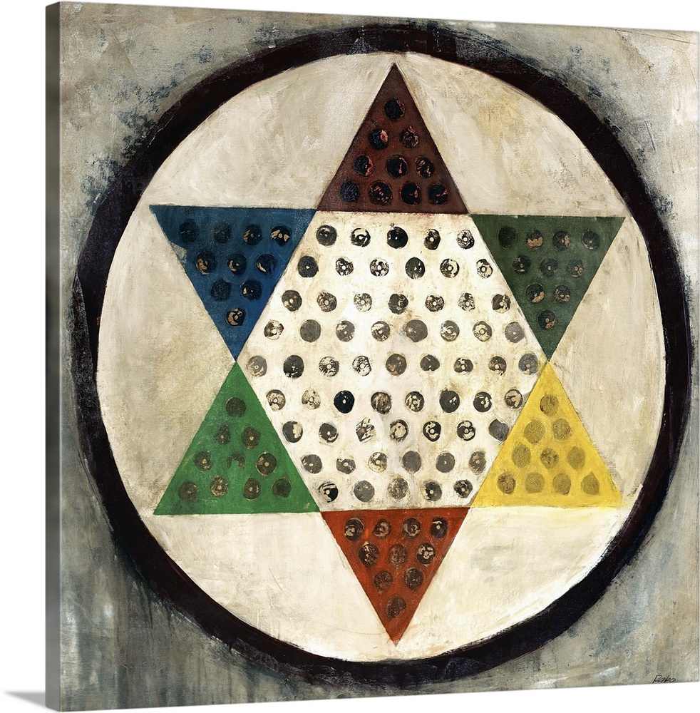 Painting of a colorful Chinese checkers board on a roughly painted background of light neutral tones.