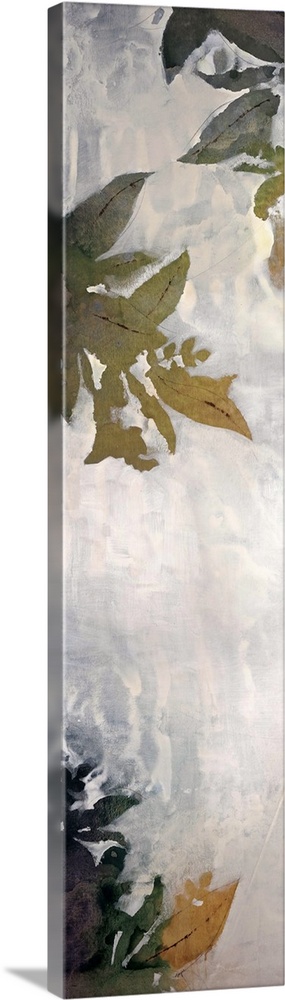 A tall thin vertical piece that has painted leaves concentrated at the top and bottom.