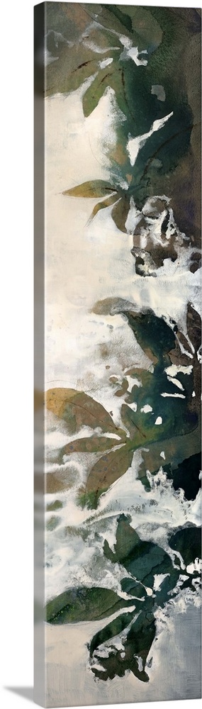 A very tall vertical piece has drawn leaves with a layer of mist over the left side of the print.