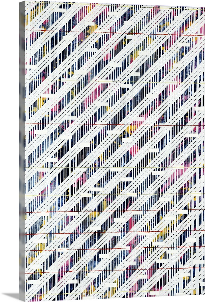Modern art of layered diagonal, horizontal and multicolored vertical lines that create an intricate geometric pattern thro...