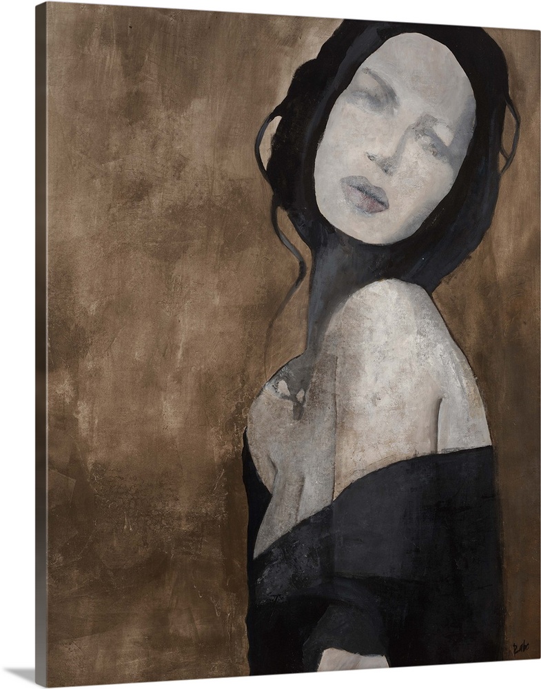 Contemporary painting of woman with pale skin wearing a black dress, against an earth toned background.