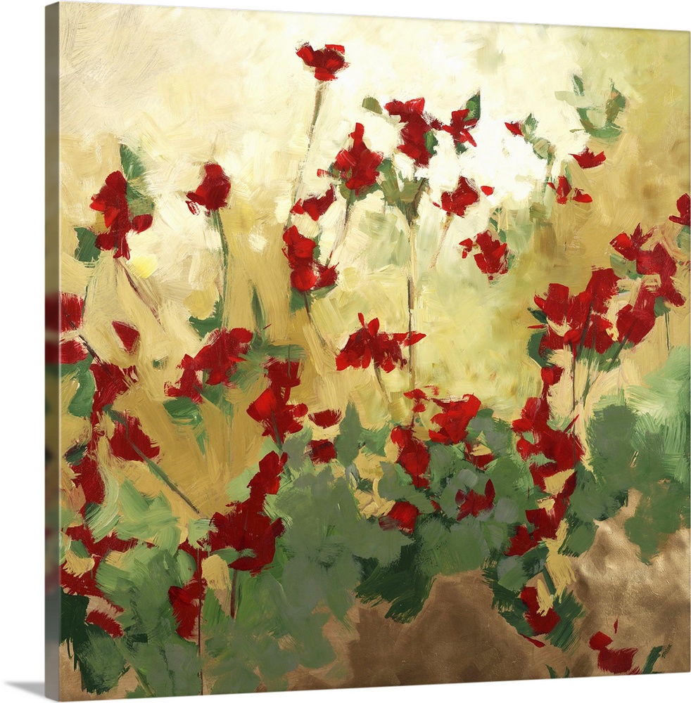 Contemporary abstract painting of red flower and green sinuous vines.