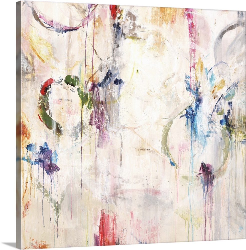 Contemporary abstract painting in white with pops of bright colors in splatters and rings.