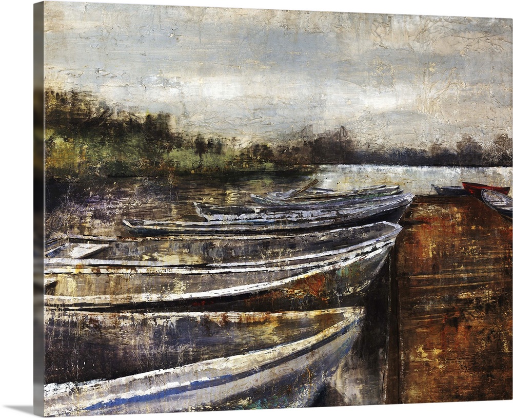 Landscape painting of several row boats lined up next to each other at a small dock, still water and a large hill can be s...