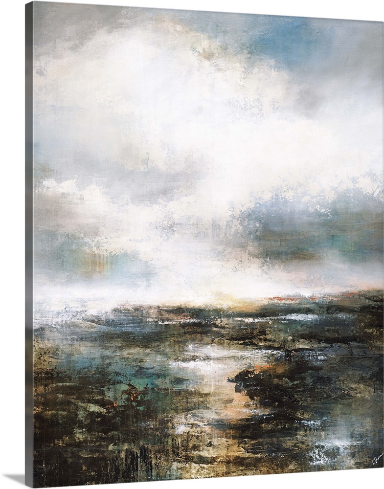 Contemporary abstract painting using muted tones to create a landscape.