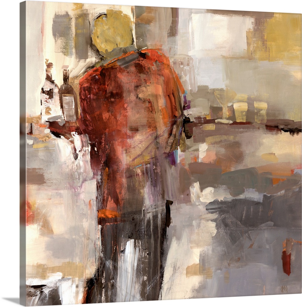 Painting of the back of a man standing at a bar, surrounded by bottles and glasses.  Painted with large, thick brushstroke...