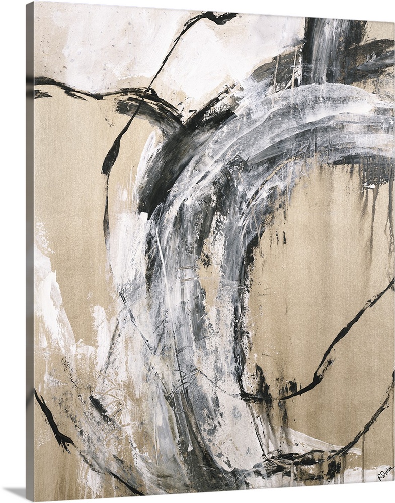 Large abstract painting with black and white thick, looped brushstrokes on a gold background.