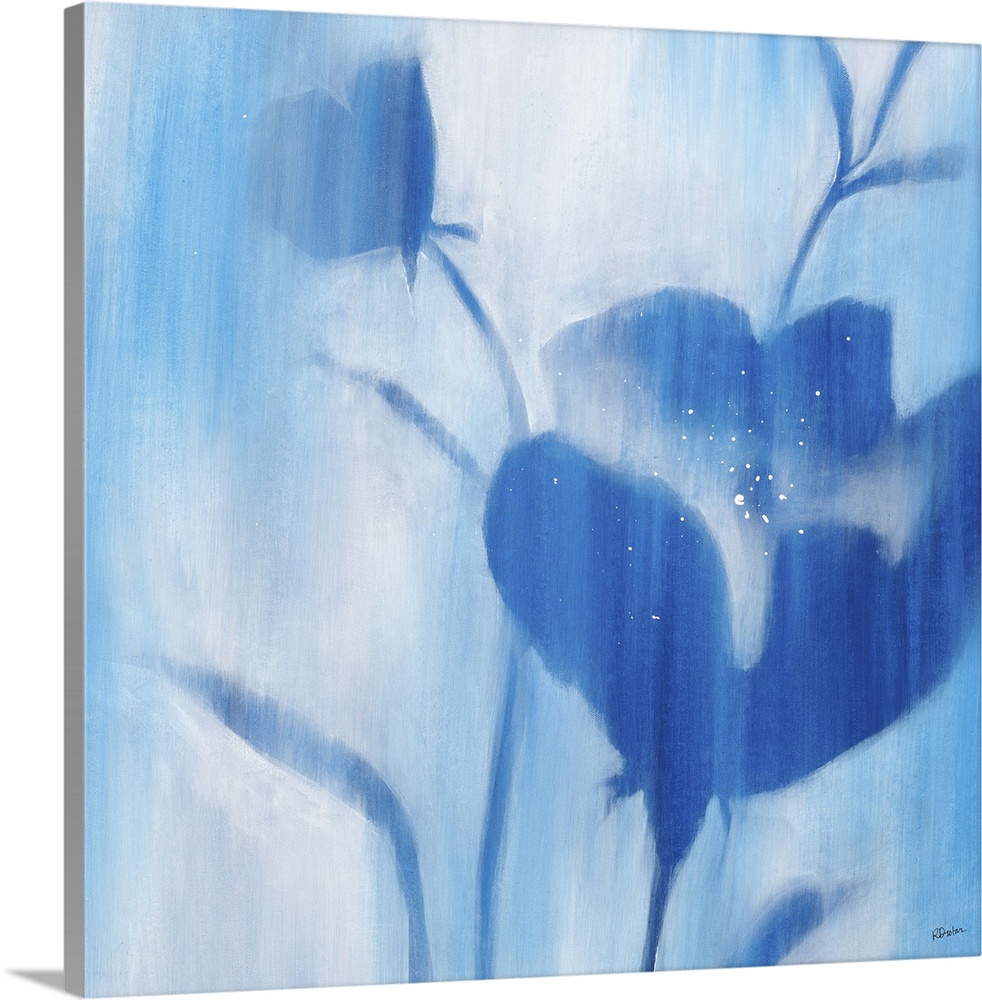 Contemporary painting of blue flowers and stems with softened edges that seem to fade into a lighter background.
