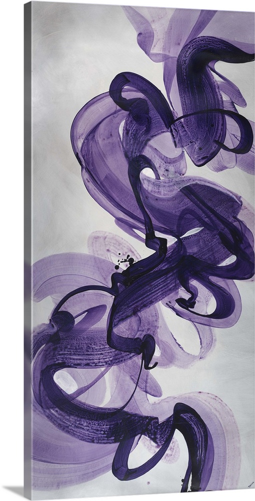 Abstract painting using vibrant purple tones in swirling motions that look like smoke flowing gently through the air.