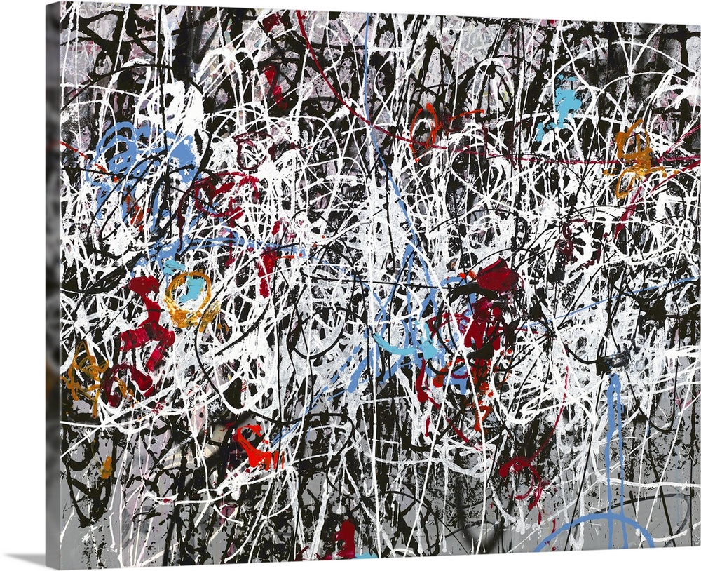 Large abstract painting created with thin lines of paint layered on top of each other in white, black, red, orange, and bl...