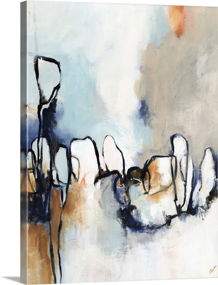 Contemporary abstract painting using dark dripping blue against a neutral background with organic shapes.