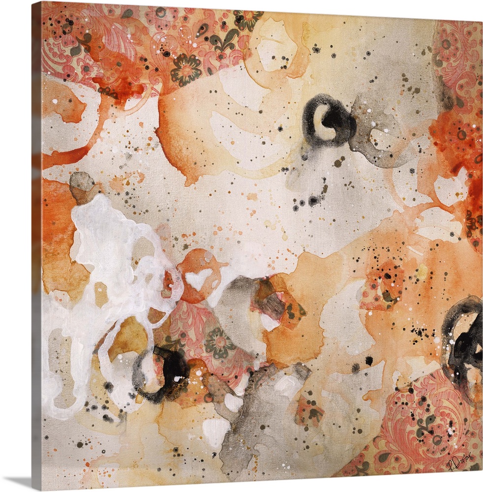 Abstract painting using bright orange tones in splashes and splatters, almost looking like flowers.