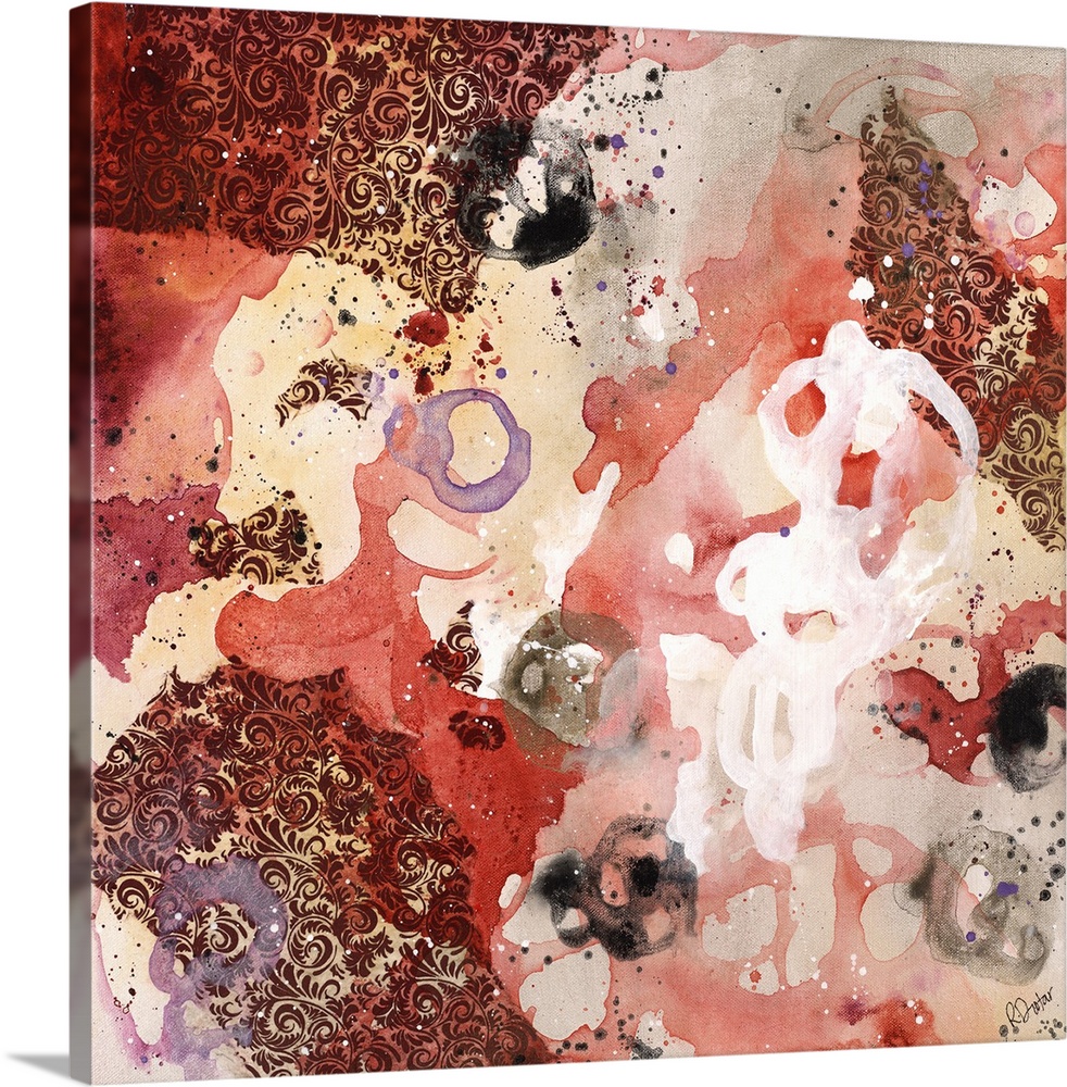 Abstract painting using bright red tones in splashes and splatters, almost looking like flowers.