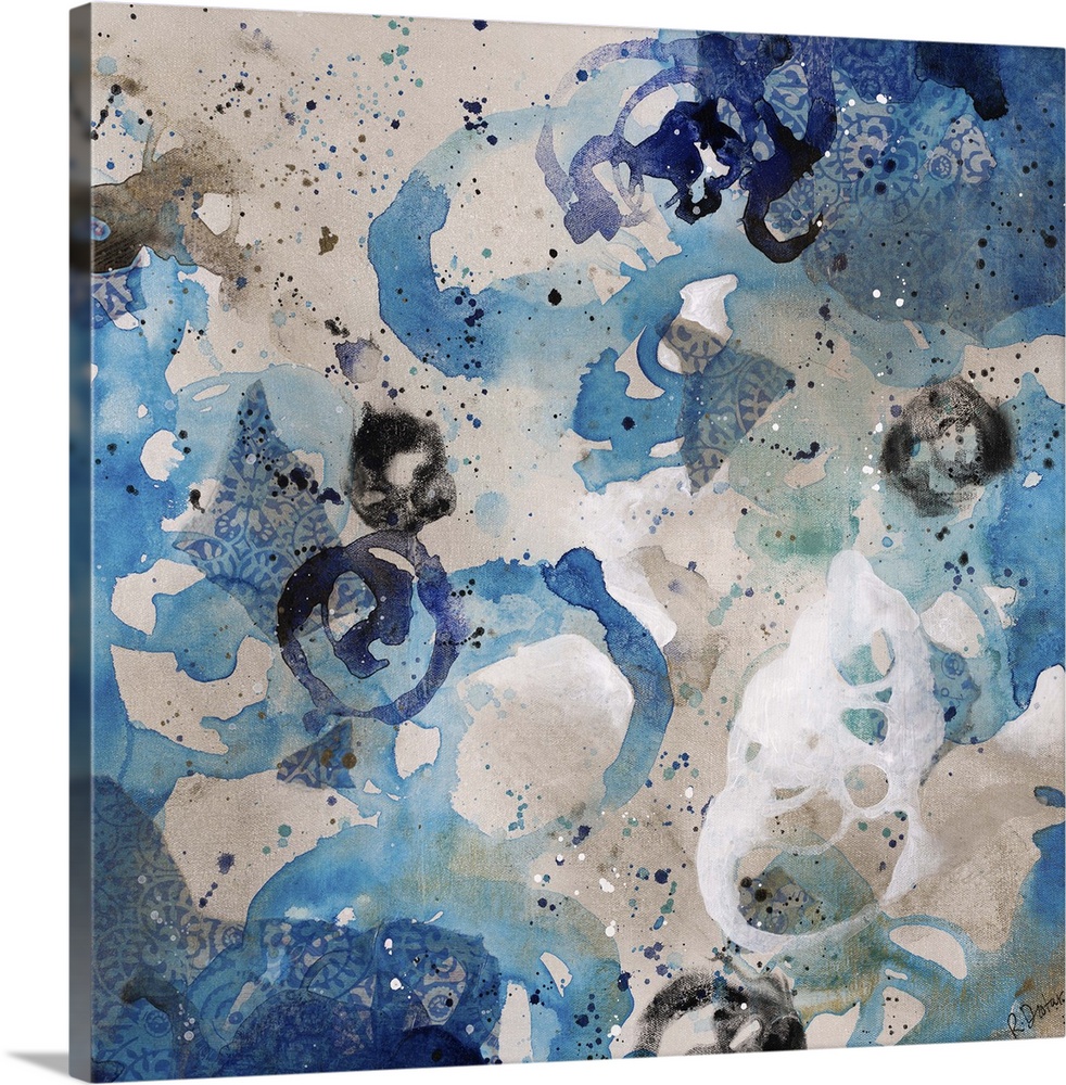 Abstract painting using bright blue tones in splashes and splatters, almost looking like flowers.