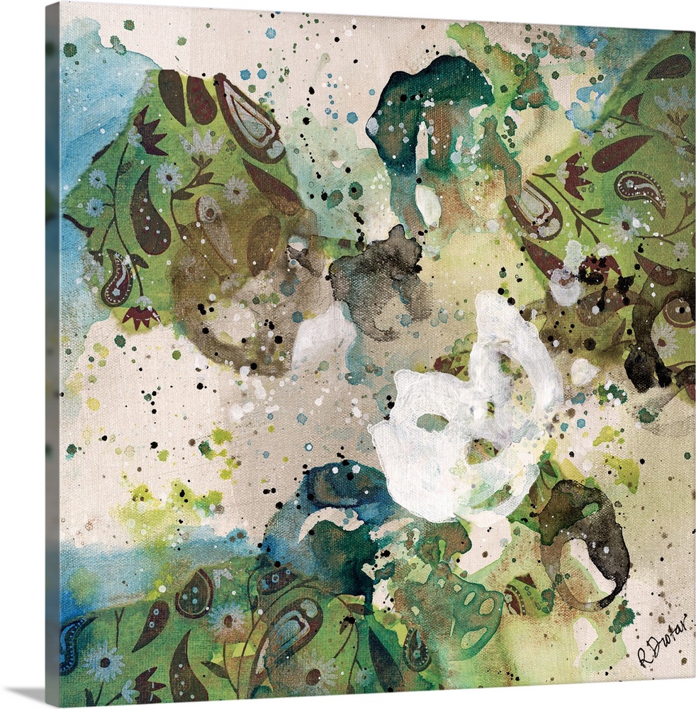 Abstract painting using bright green tones in splashes and splatters, almost looking like flowers.