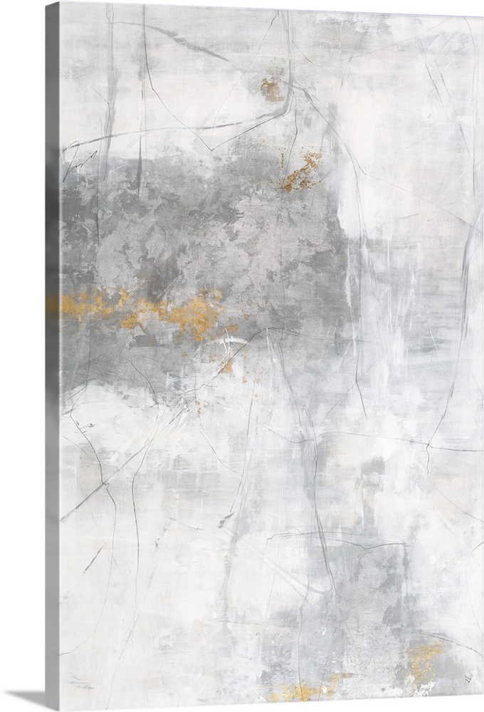 Soft abstract painting with a white background and gray lines on top creating texture, a large splotch of silver on the le...