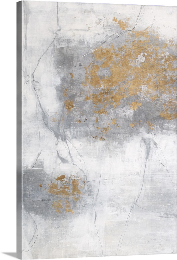Soft abstract painting with a white background and gray lines on top creating texture, a large splotch of silver on the ri...