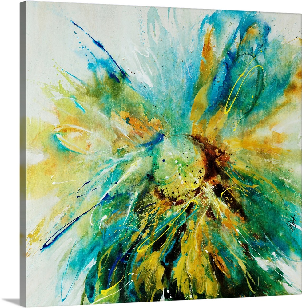 Cool colors with pops of yellow are painted on a neutral background to resemble a large flower.