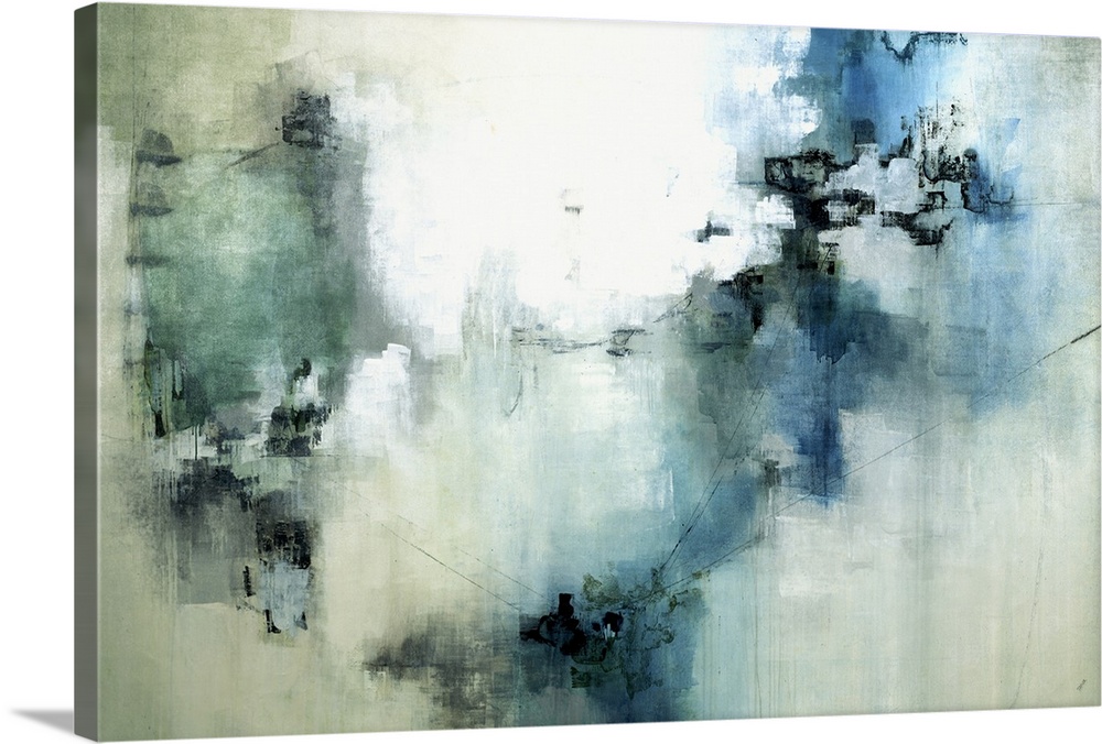 Large abstract painting in shades of blue and green with pops of contrasting black and white.