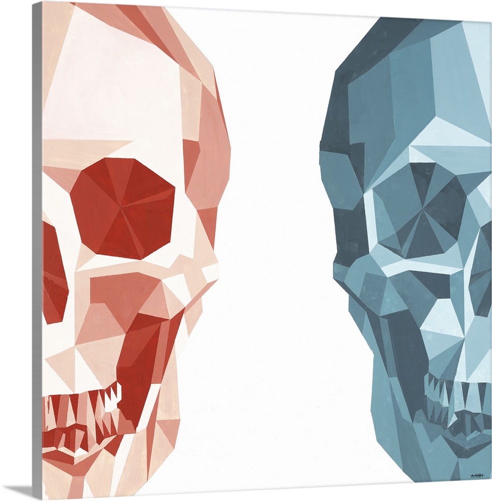 Square artwork of two half skulls made with geometric shapes on the left and right sides of the canvas on a white background