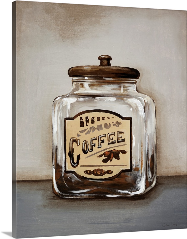 Painting in neutral tones of a clear glass storage jar with a vintage coffee label on the front, sitting on a bare counter...