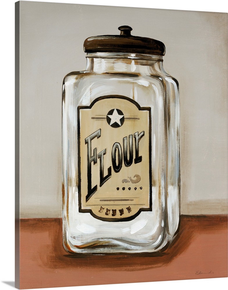Painting of a partially full clear glass storage jar with a vintage flour label on the front, sitting on a bare counter in...