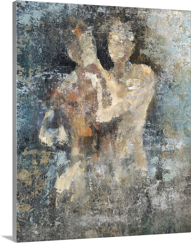 Contemporary abstract painting of two figures holding each other nude with textured paint surrounding them in shades of bl...