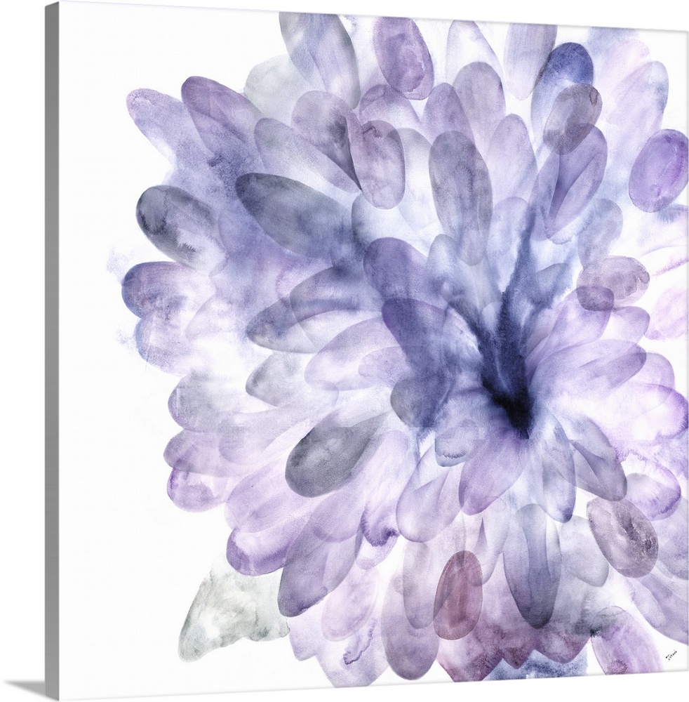 Contemporary watercolor painting of a Dahlia bloom in shades of purple.