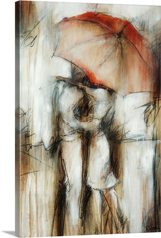 Figurative art of a man and woman embracing, their faces covered by a large umbrella as color streaks vertically around th...