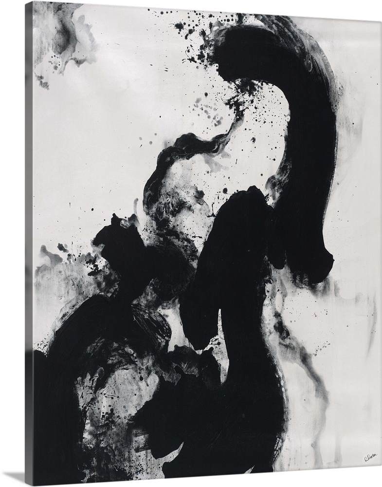 Contemporary high contrast abstract painting using deep black on white and gray.