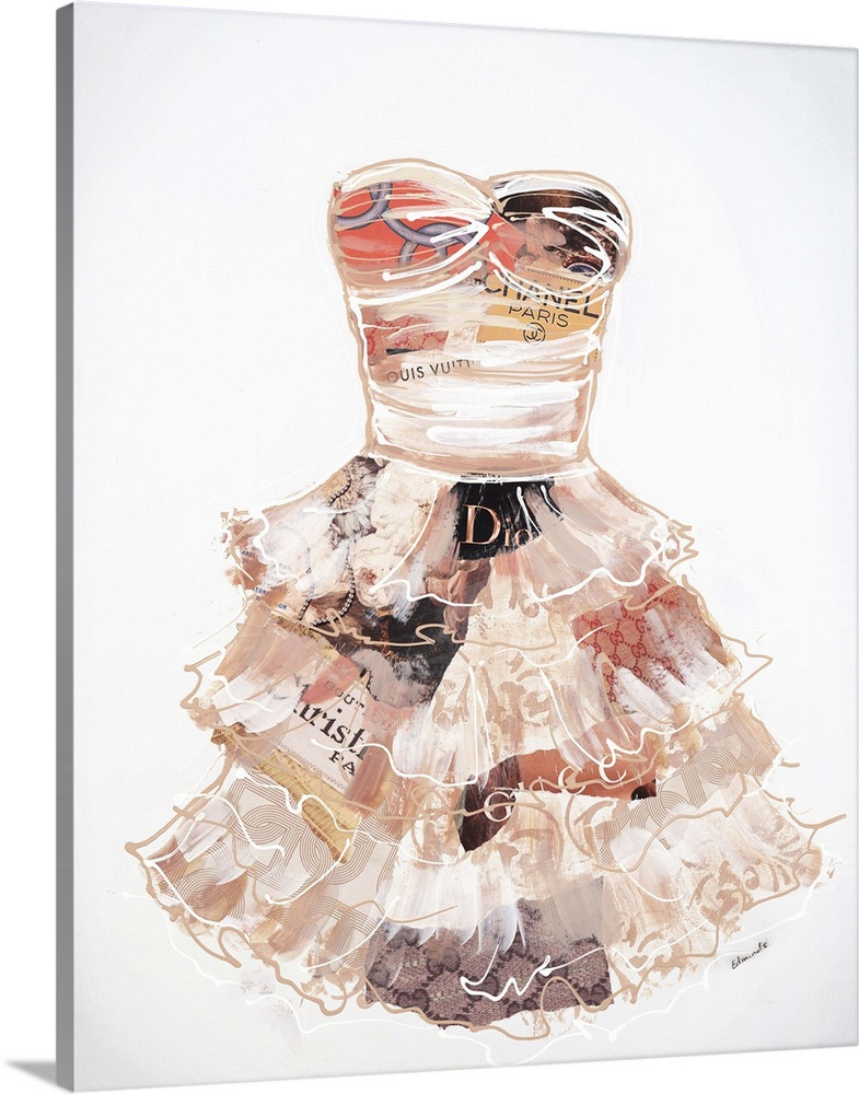 Contemporary painting of a fashionable dress with collage elements.