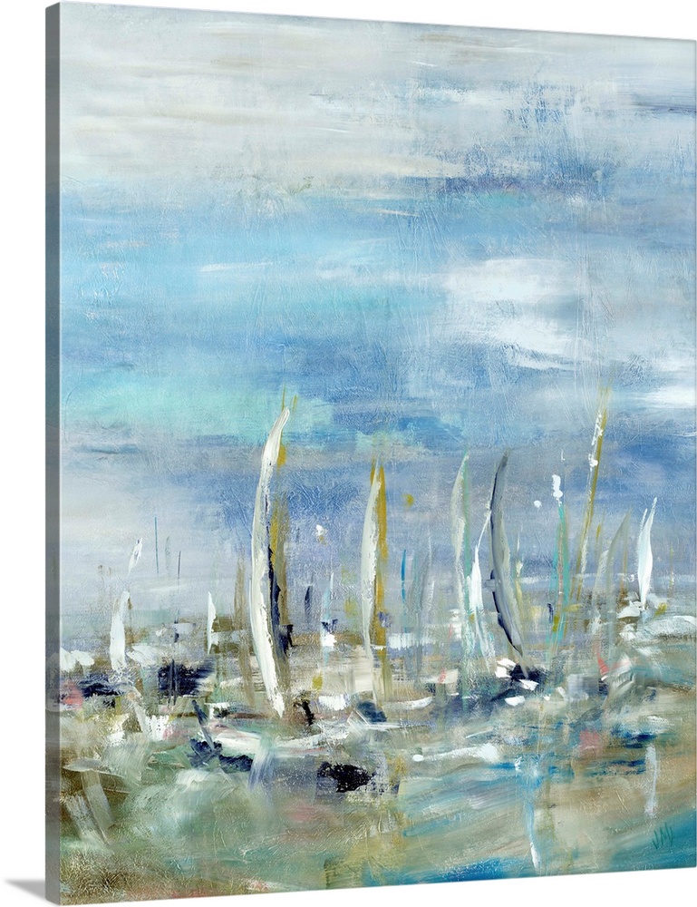Abstract painting of sailboats in the ocean on a cloudy day.  The boat shapes are created from varying brush strokes.