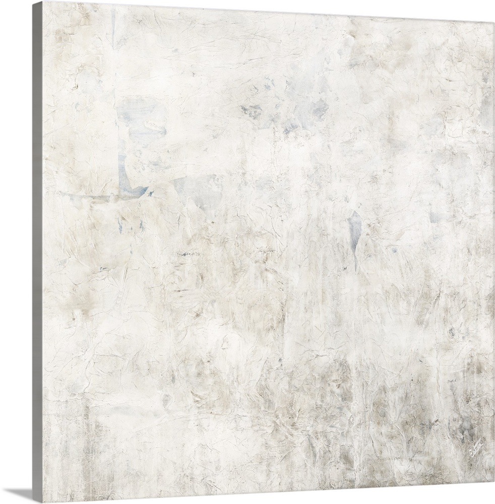 Abstract painting of textured paint in light shades of white, tan and gray.