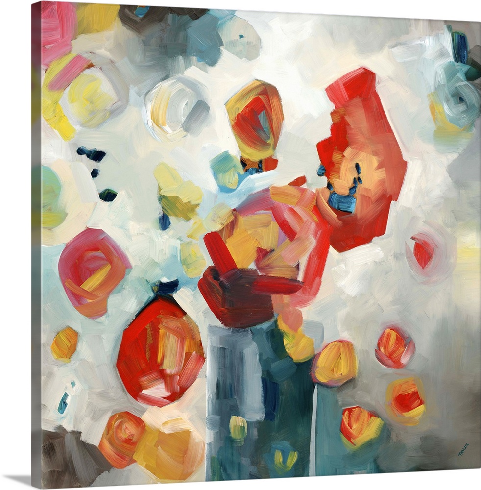 Contemporary painting of a semi-abstract vase with red flowers.