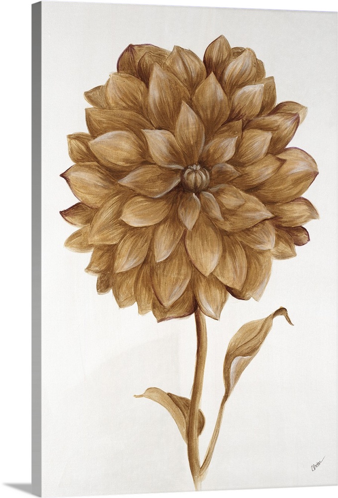 A painting of a single dahlia in metallic gold.