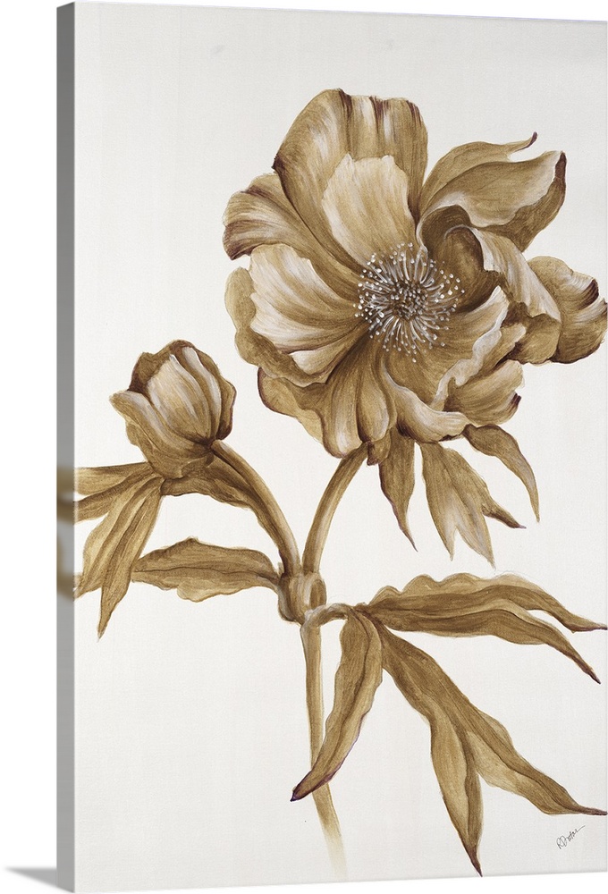 A painting of a poppy blowing in the wind in metallic gold.