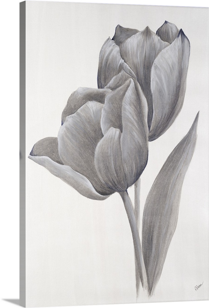 A painting of a pair of tulips in metallic silver.