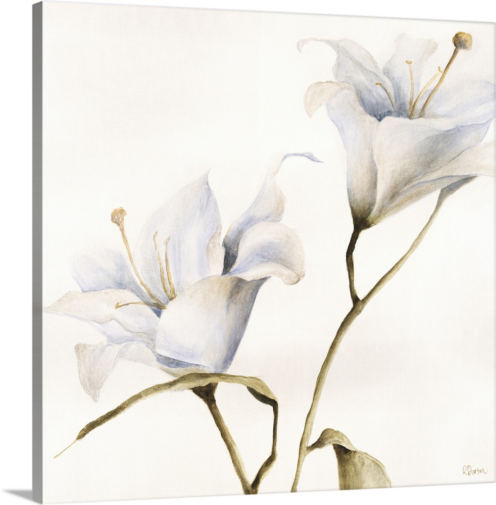 Contemporary painting of a white flower on a leafy stem.
