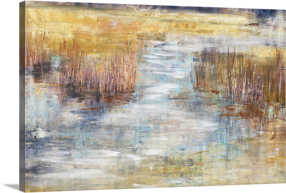 Contemporary painting of an abstract river delta landscape with a mix of warm and cool tones.