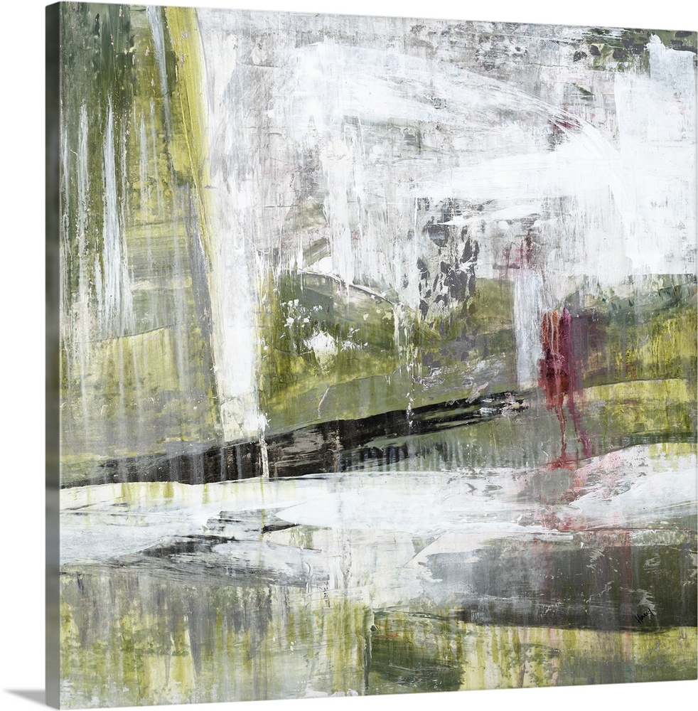Contemporary abstract painting using weathered and faded dark green and splattered and smeared white.