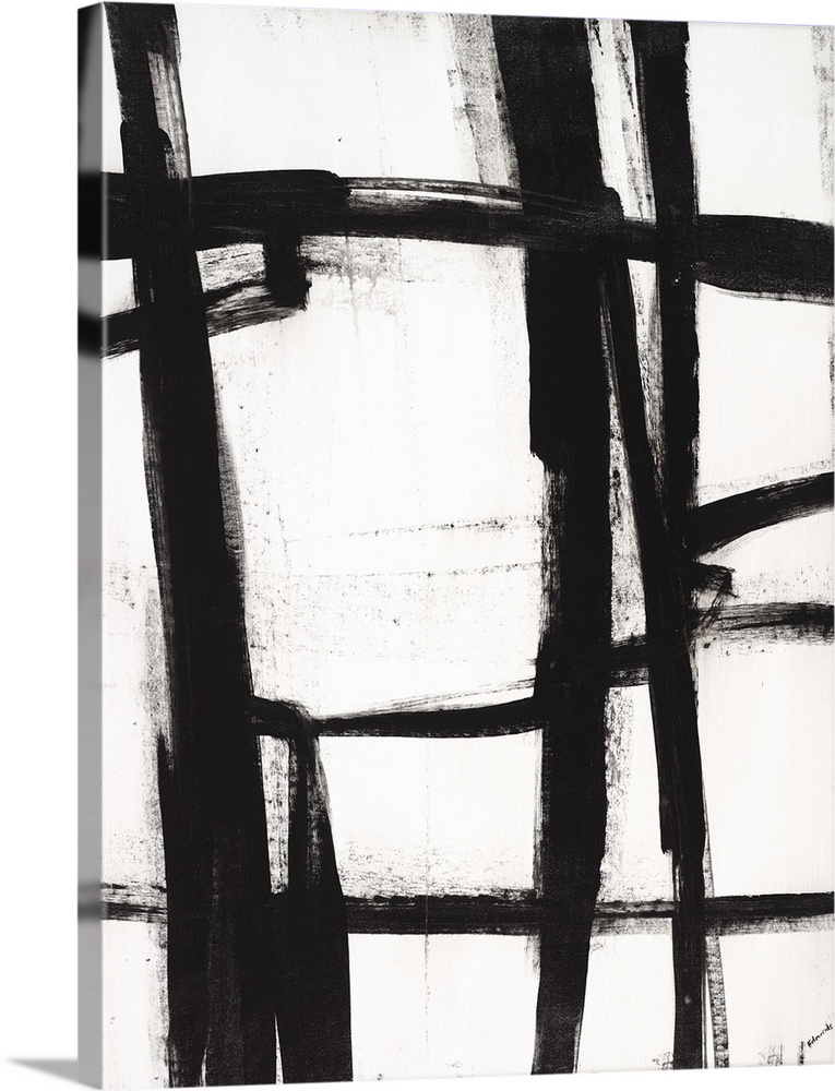 Contemporary abstract painting using bold black lines against a white background.