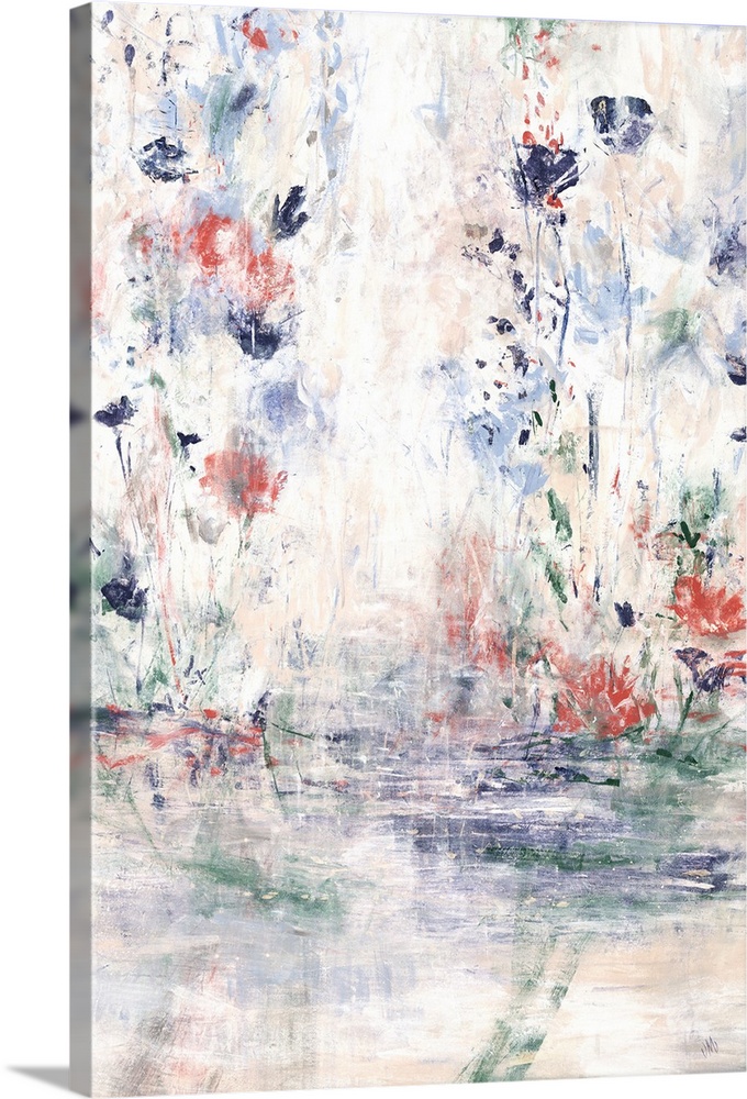 Contemporary abstract painting with small floral shapes against white.