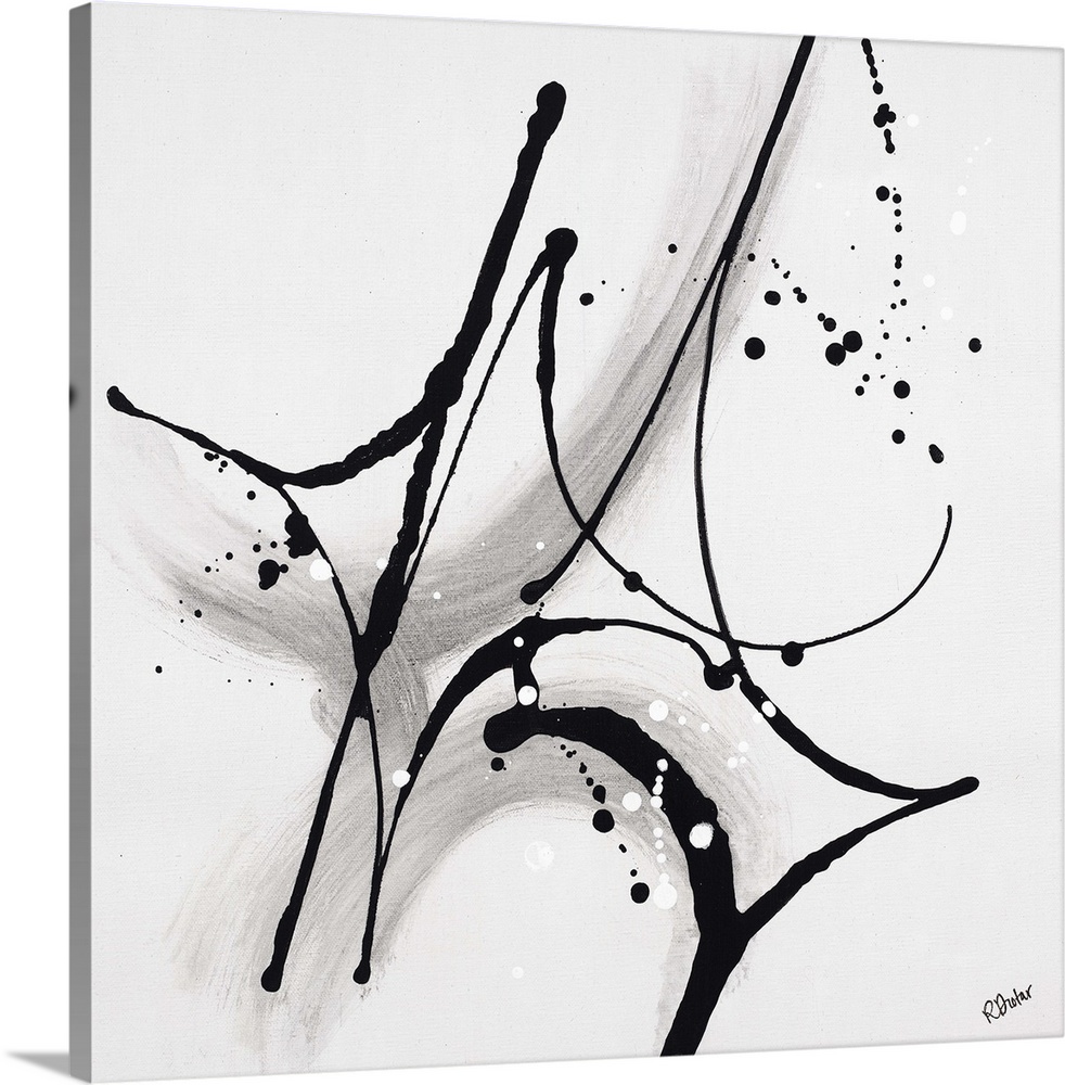 Abstract painting using dark black drip patterns in straight line striking motions with sharp curves, with light gray unde...