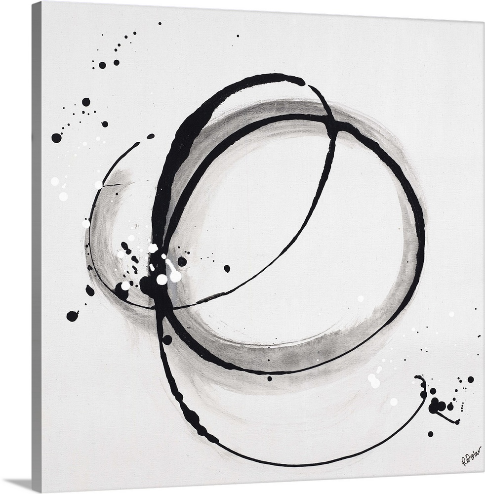 Abstract painting using dark black drip patterns in a circular motion, with light gray undertones. Giving the appearance o...