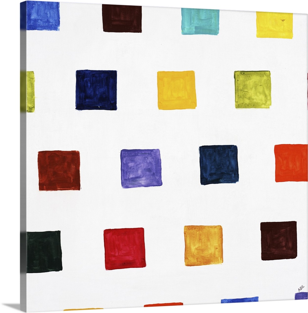 Square abstract art with different colored smaller squares in rows going up and down the canvas.