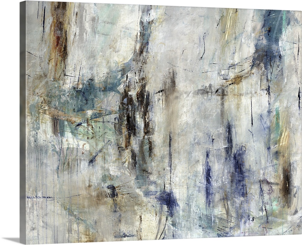 Abstract painting of a textured design in shades of gray and brown with accents of blue throughout.