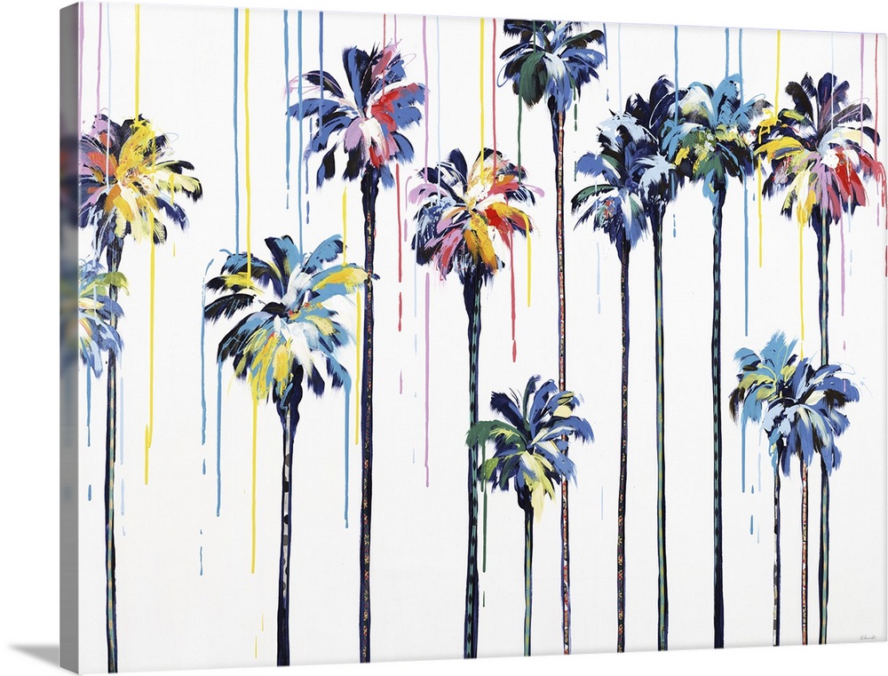 Colorful palm trees with thin tree trunks on a white background with paint dripping from the top.