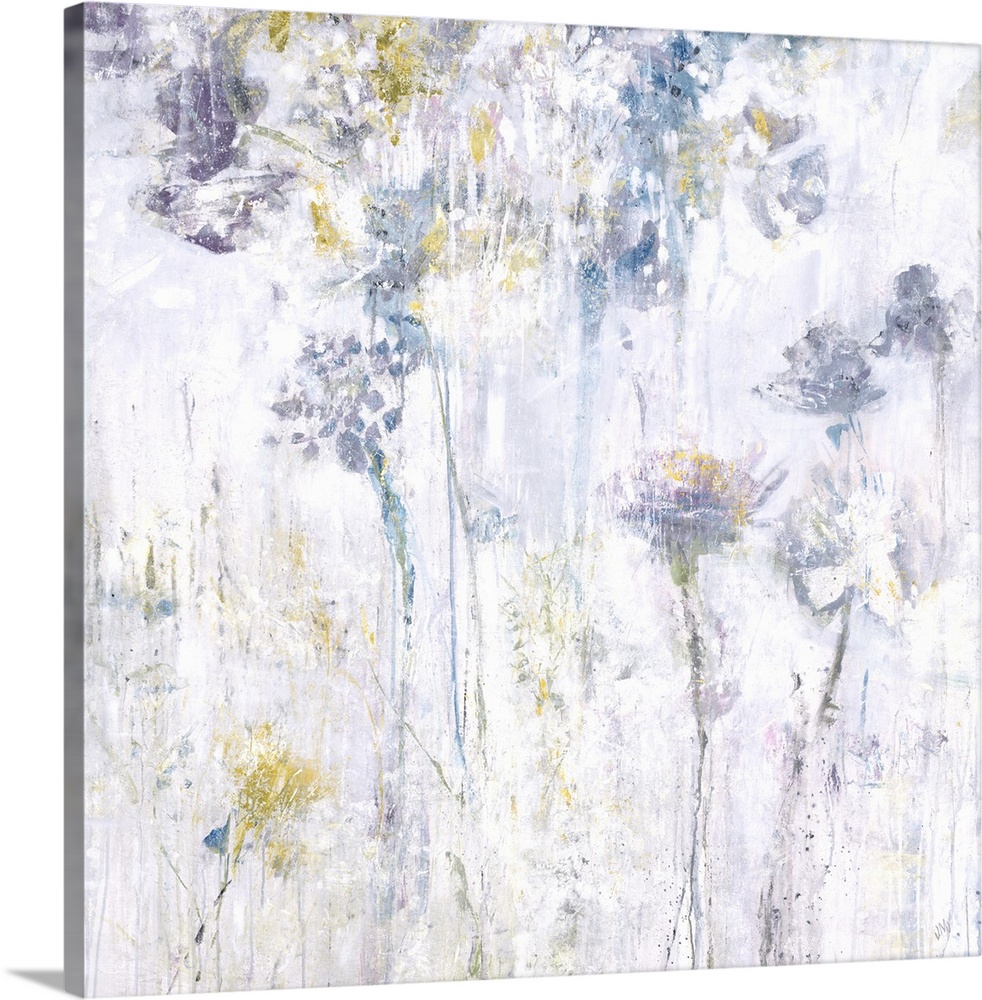 Square abstract floral painting in shades of gray, yellow and blue.