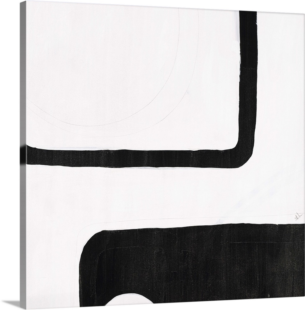 A black and white contemporary abstract painting with geometric shapes connecting together with lines.